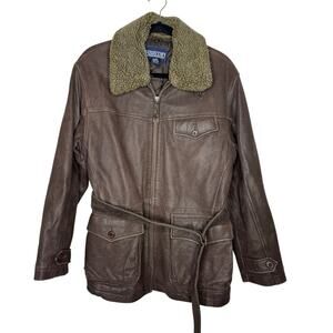 LAND'S END / vintage dark brown belted aviator sherpa collar leather coat / M